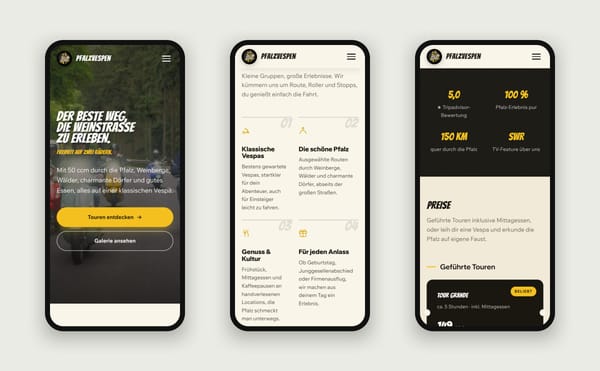Drei Smartphone-Ansichten der Website von Pfalzvespen – Einstieg, Vorteile und Preise