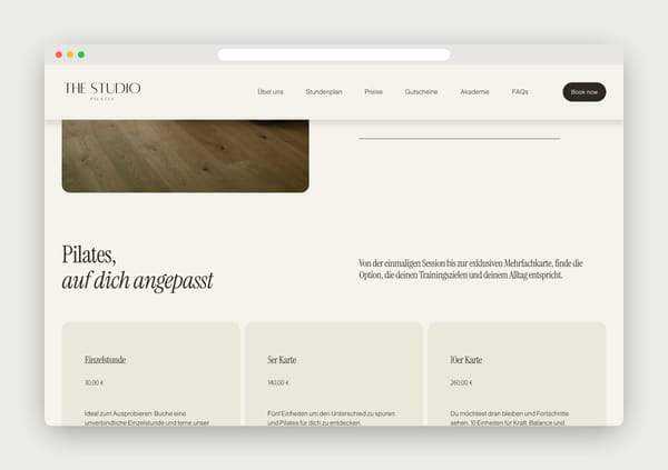 Preisbereich „Pilates, auf dich angepasst“ mit Einzelstunde, 5er- und 10er-Karte in der Desktop-Ansicht