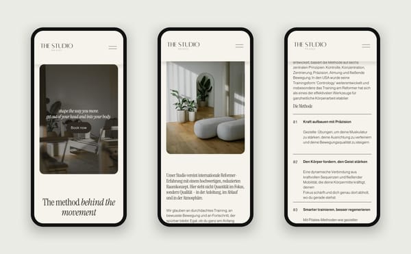 Drei Smartphone-Ansichten der Website von The Studio Pilates – Einstieg, Studio-Vorstellung und Methode