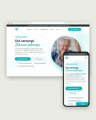 Website von APP Pflege mit der Überschrift „Gut versorgt. Zuhause geborgen.“ auf Laptop und Smartphone
