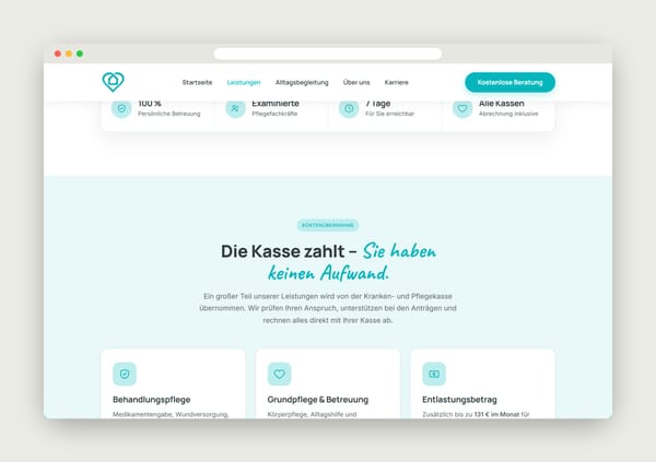 Abschnitt „Die Kasse zahlt – Sie haben keinen Aufwand.“ der Website von APP Pflege in der Desktop-Ansicht