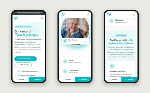 Drei Smartphone-Ansichten der Website von APP Pflege – Einstieg, Vorteile und Kostenübernahme