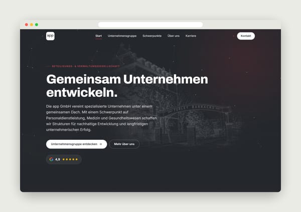 Startseite der app GmbH mit der Überschrift „Gemeinsam Unternehmen entwickeln.“ im Browserfenster