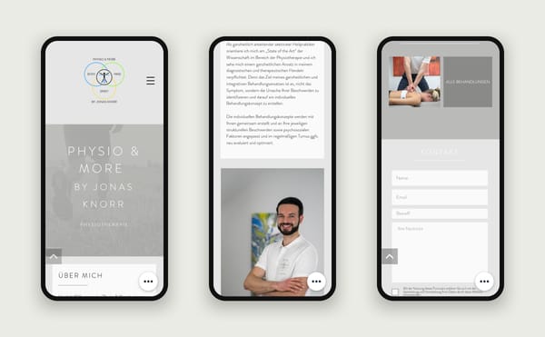 Drei Smartphone-Ansichten der Website von Physio & More – Einstieg, Über mich und Kontaktformular