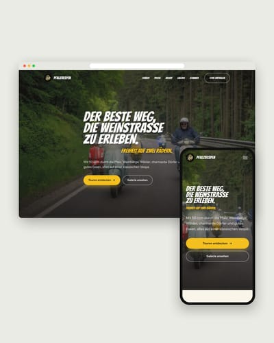 Website von Pfalzvespen mit der Überschrift „Der beste Weg, die Weinstraße zu erleben.“ auf Laptop und Smartphone