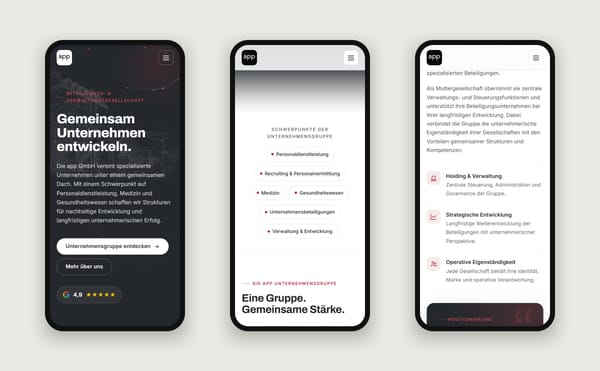 Drei Smartphone-Ansichten der Website der app GmbH – Einstieg, Schwerpunkte und Leistungen der Holding